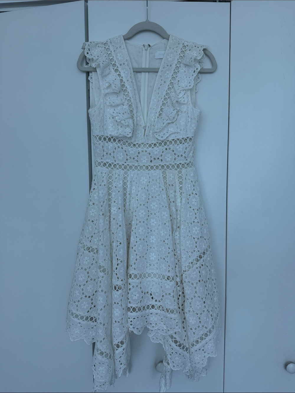 Zimmermann White Eyelet Midi Dress with Ruffle V-Neck